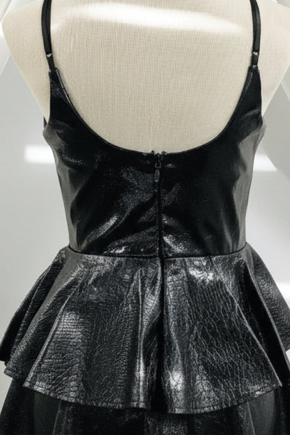 Black Ruffled Faux Leather Fit & Flare Mini Dress