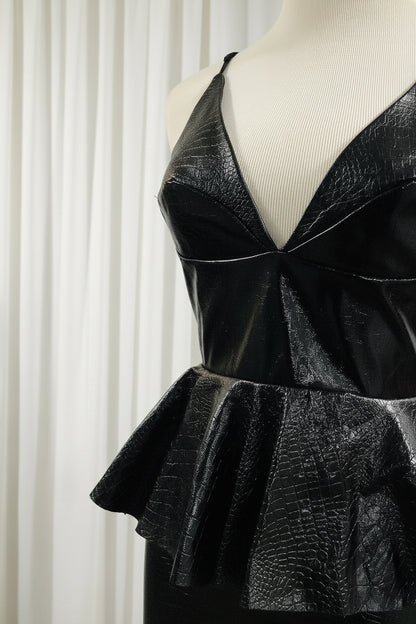 Black Ruffled Faux Leather Fit & Flare Mini Dress