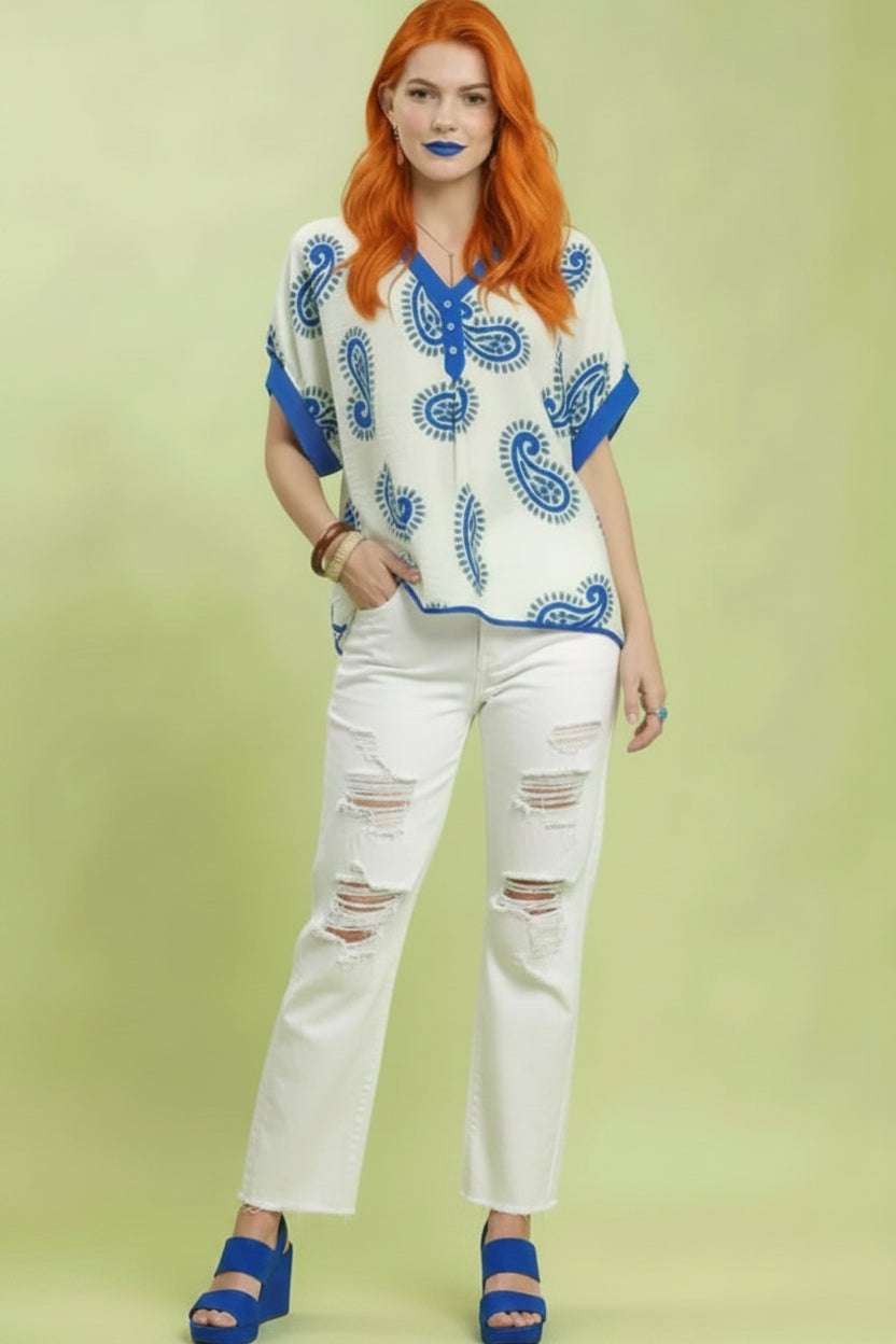 Umgee Boho Paisley Print Blouse – V-Neck Contrast Trim Top