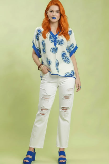 Umgee Boho Paisley Print Blouse – V-Neck Contrast Trim Top