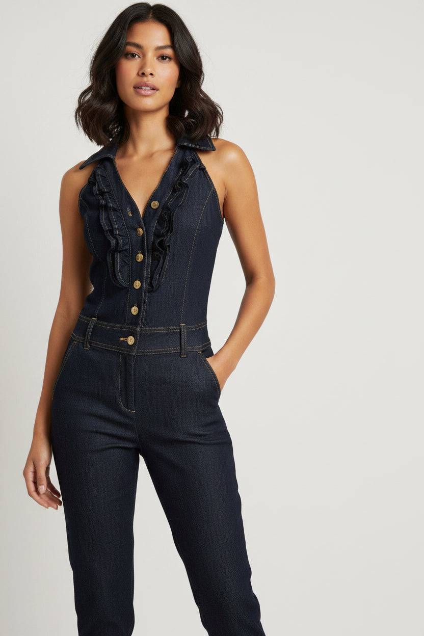 Good Time Jeans USA Navy Blue Ruffle Halter Jumpsuit (Pre-Owned)