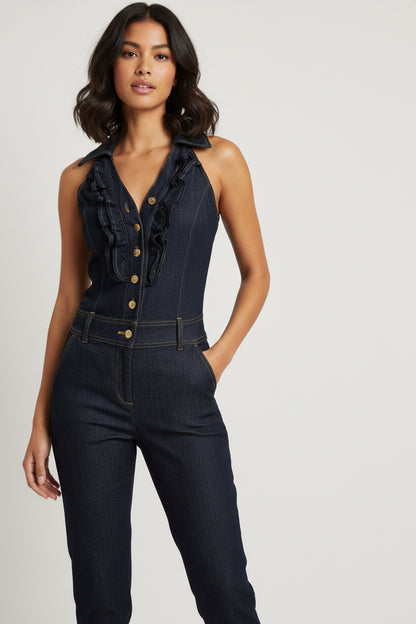 Good Time Jeans USA Navy Blue Ruffle Halter Jumpsuit (Pre-Owned)