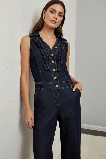 Good Time Jeans USA Navy Blue Ruffle Halter Jumpsuit (Pre-Owned)