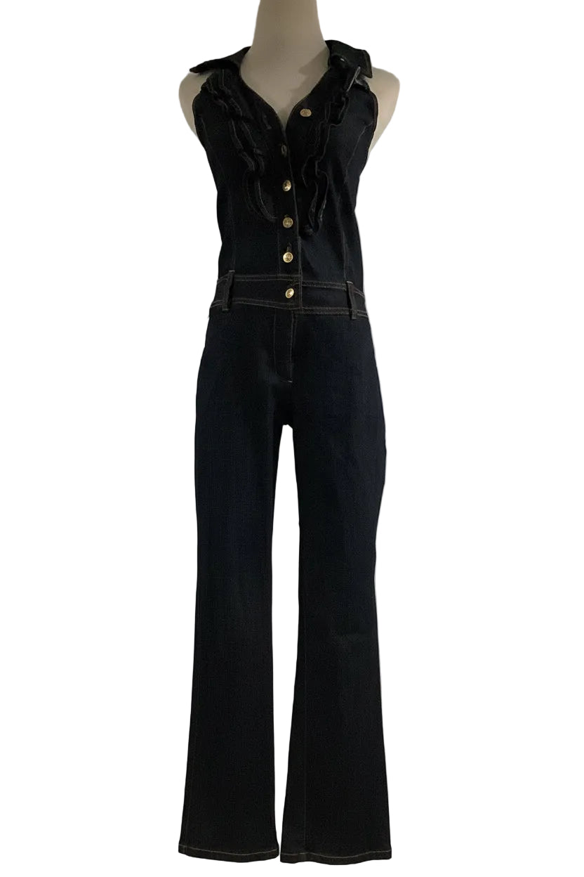 Good Time Jeans USA Navy Blue Ruffle Halter Jumpsuit (Pre-Owned)