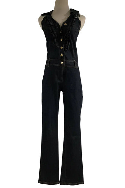 Good Time Jeans USA Navy Blue Ruffle Halter Jumpsuit (Pre-Owned)