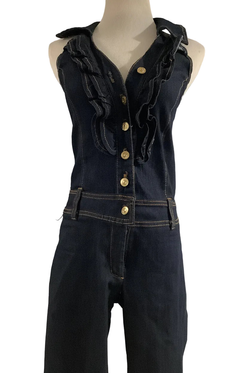 Good Time Jeans USA Navy Blue Ruffle Halter Jumpsuit (Pre-Owned)