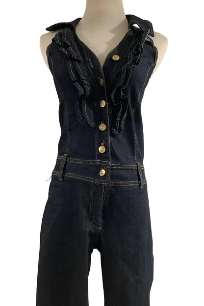 Good Time Jeans USA Navy Blue Ruffle Halter Jumpsuit (Pre-Owned)