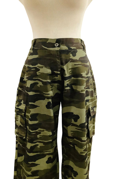 Camo Print Wide Leg Cargo Trousers – Women's Khaki Utility Pants | Belle Allure Collection