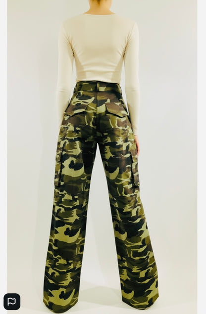 Camo Print Wide Leg Cargo Trousers – Women's Khaki Utility Pants | Belle Allure Collection