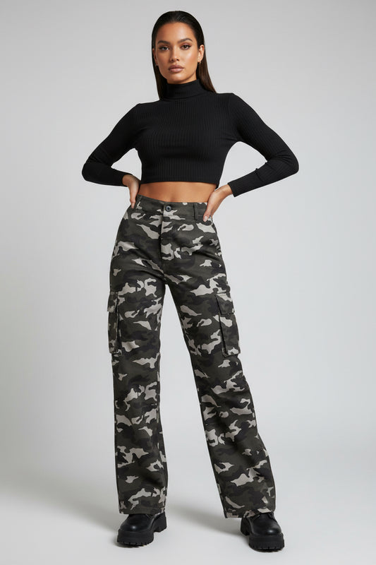 NWT PLT Grey Shape Camo Print Pocket Detail Wide Leg Cargo Trouser Pants Size 6