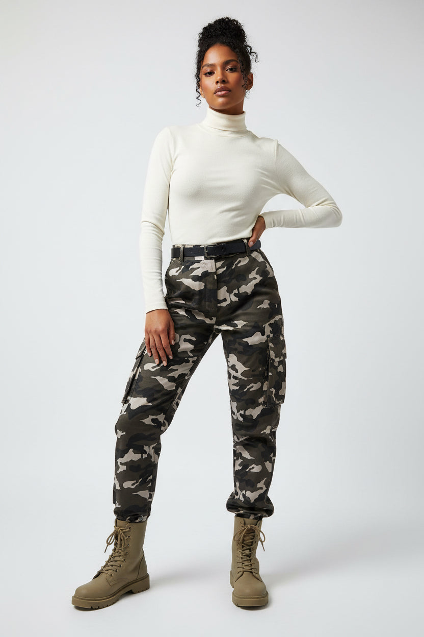 PLT: Grey Shape Camo Print Pocket Detail Wide Leg Cargo Trouser-NWT