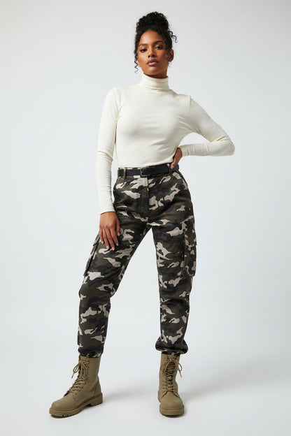 PLT: Grey Shape Camo Print Pocket Detail Wide Leg Cargo Trouser-NWT