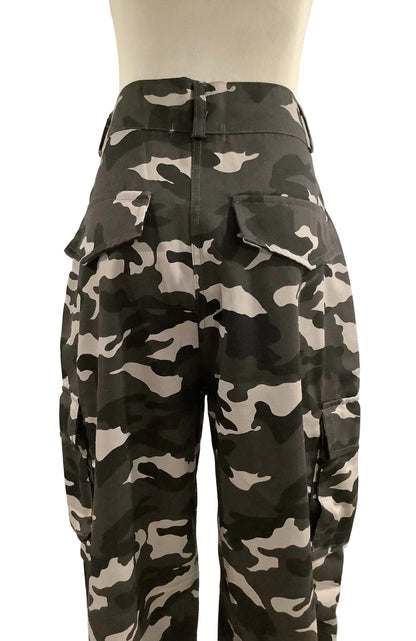 PLT: Grey Shape Camo Print Pocket Detail Wide Leg Cargo Trouser-NWT
