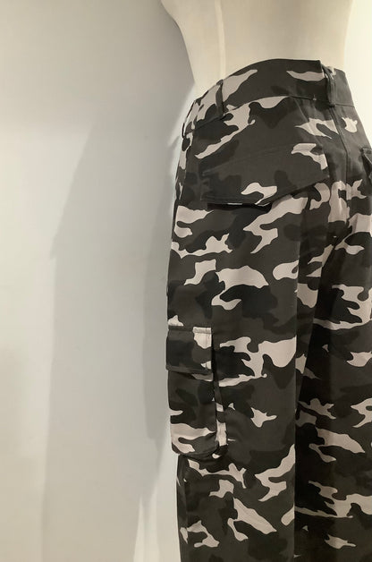 PLT: Grey Shape Camo Print Pocket Detail Wide Leg Cargo Trouser-NWT