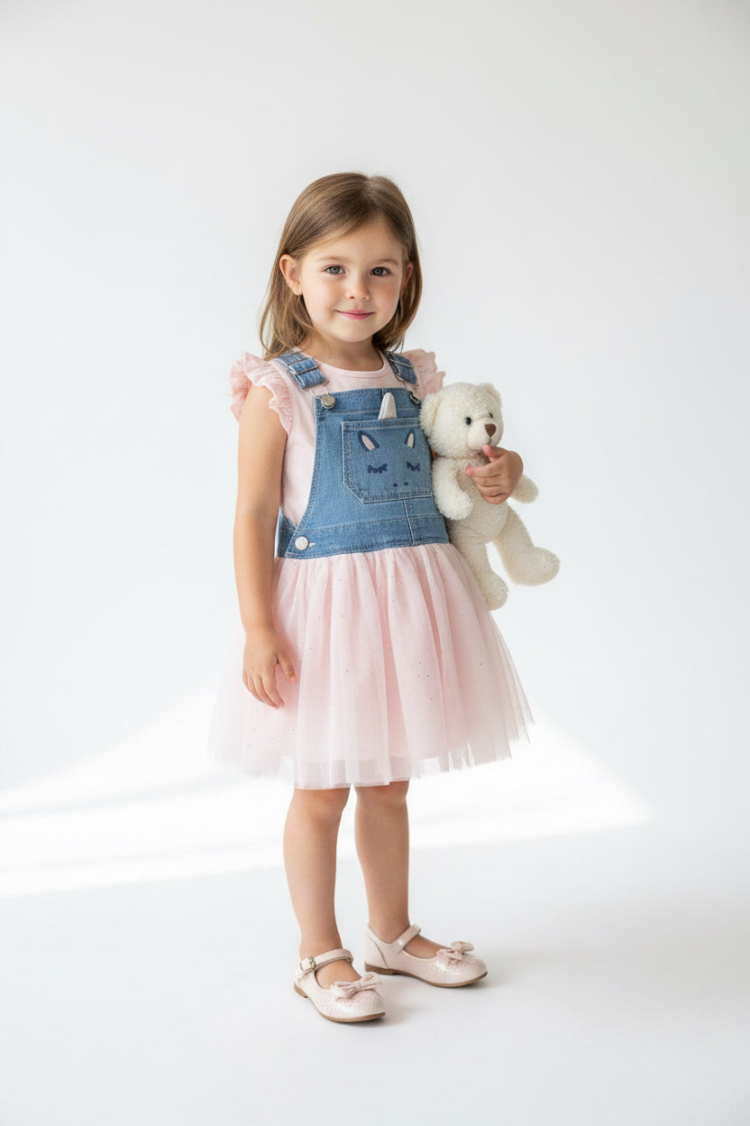OshKosh B'gosh Girls Denim Unicorn Overall Dress with Pink Tulle Skirt