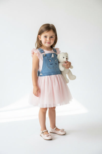 OshKosh B'gosh Girls Denim Unicorn Overall Dress with Pink Tulle Skirt