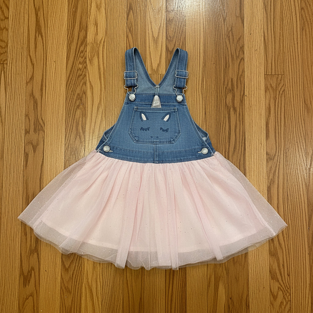 OshKosh B'gosh Girls Denim Unicorn Overall Dress with Pink Tulle Skirt