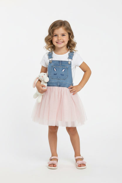 OshKosh B'gosh Girls Denim Unicorn Overall Dress with Pink Tulle Skirt