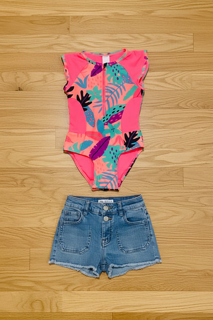 Girls Neon Tropical Swimsuit & Shorts Set | Cat & Jack 5T + Zara Size 6