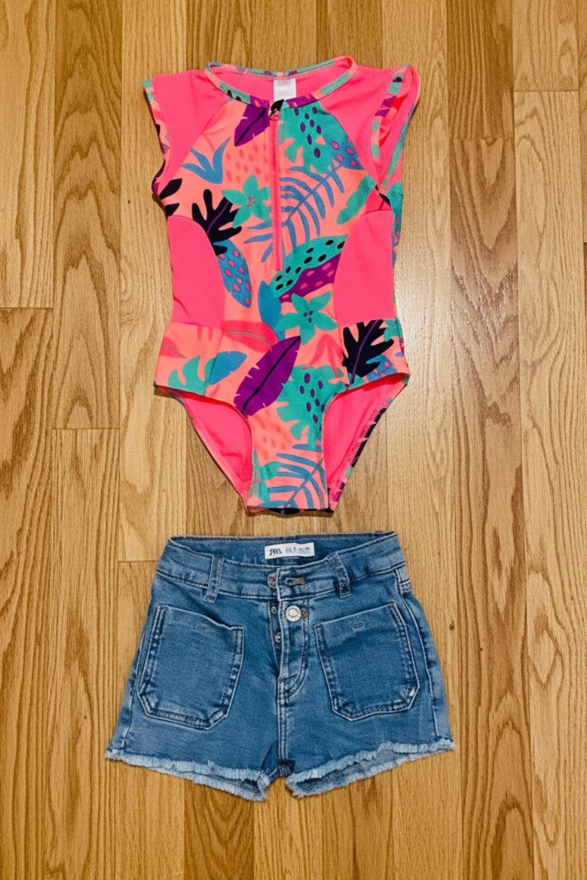 Girls Neon Tropical Swimsuit & Shorts Set | Cat & Jack 5T + Zara Size 6