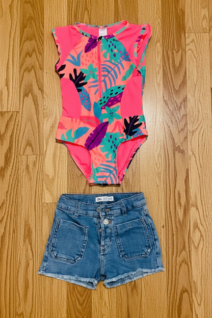Girls Neon Tropical Swimsuit & Shorts Set | Cat & Jack 5T + Zara Size 6