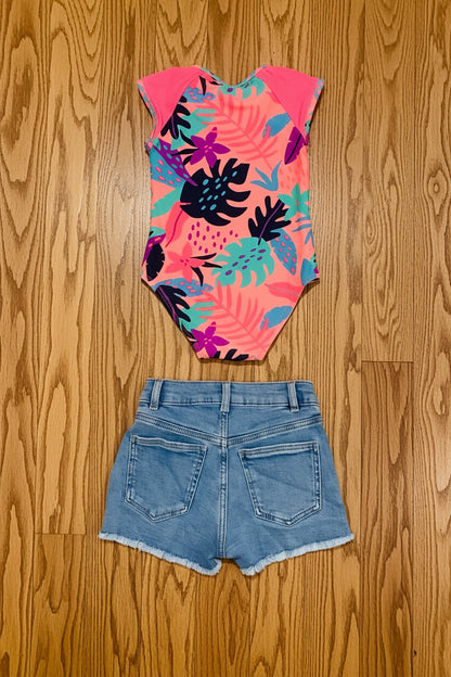Girls Neon Tropical Swimsuit & Shorts Set | Cat & Jack 5T + Zara Size 6