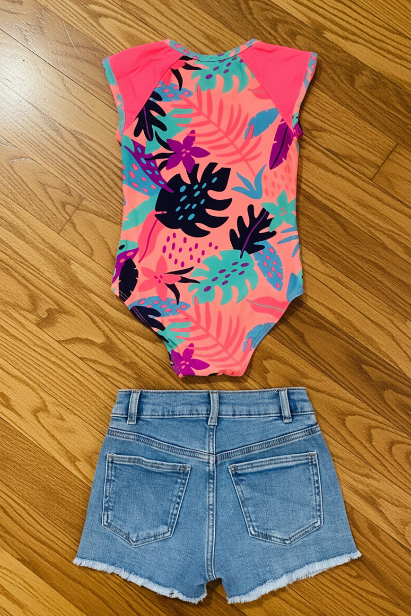 Girls Neon Tropical Swimsuit & Shorts Set | Cat & Jack 5T + Zara Size 6