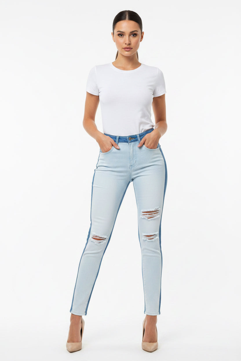 Aphrodite Two Tone Denim Jeans — Light Blue W/ White Front | Size 3 (26)