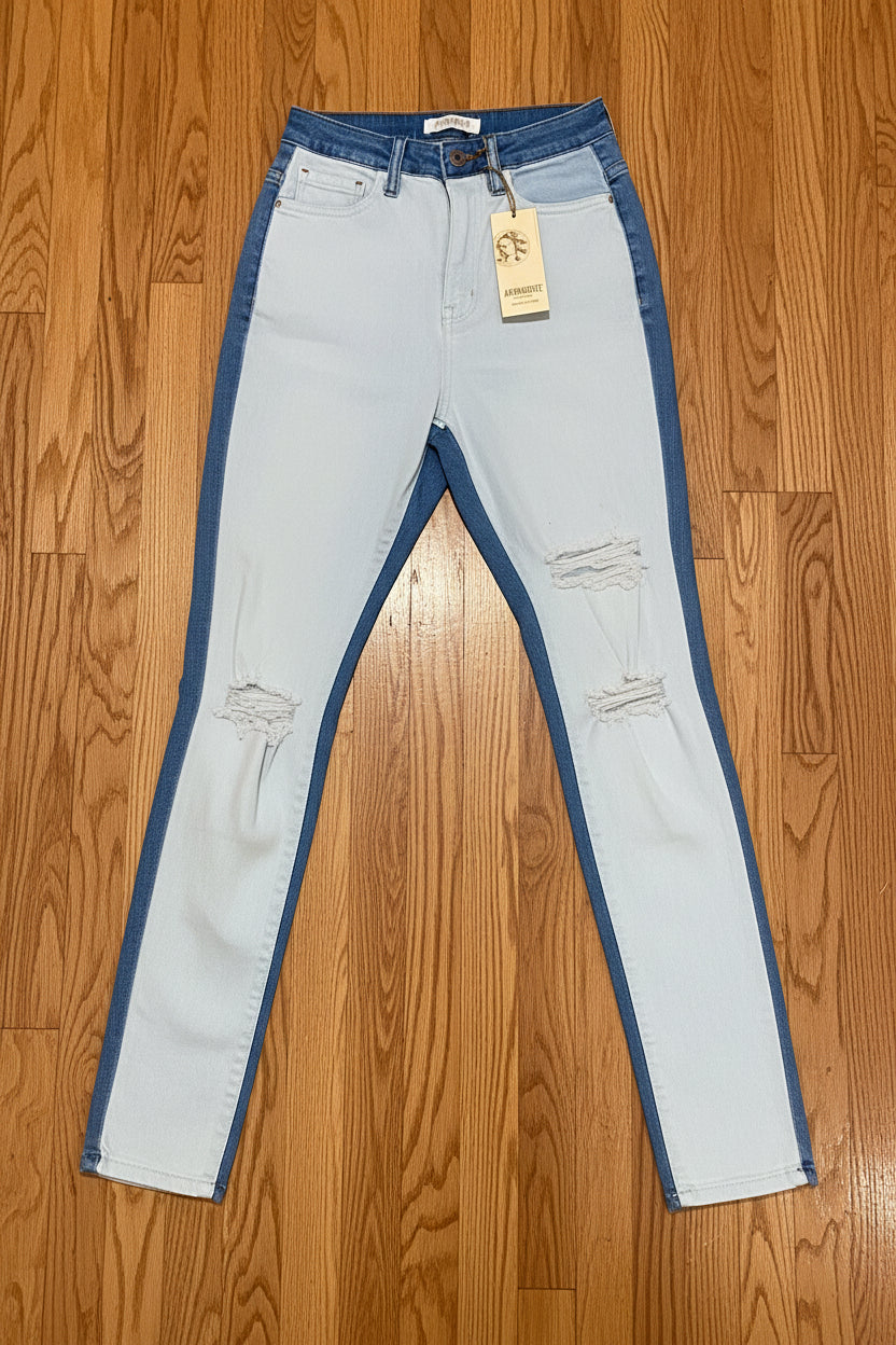Aphrodite Two Tone Denim Jeans — Light Blue W/ White Front | Size 3 (26)