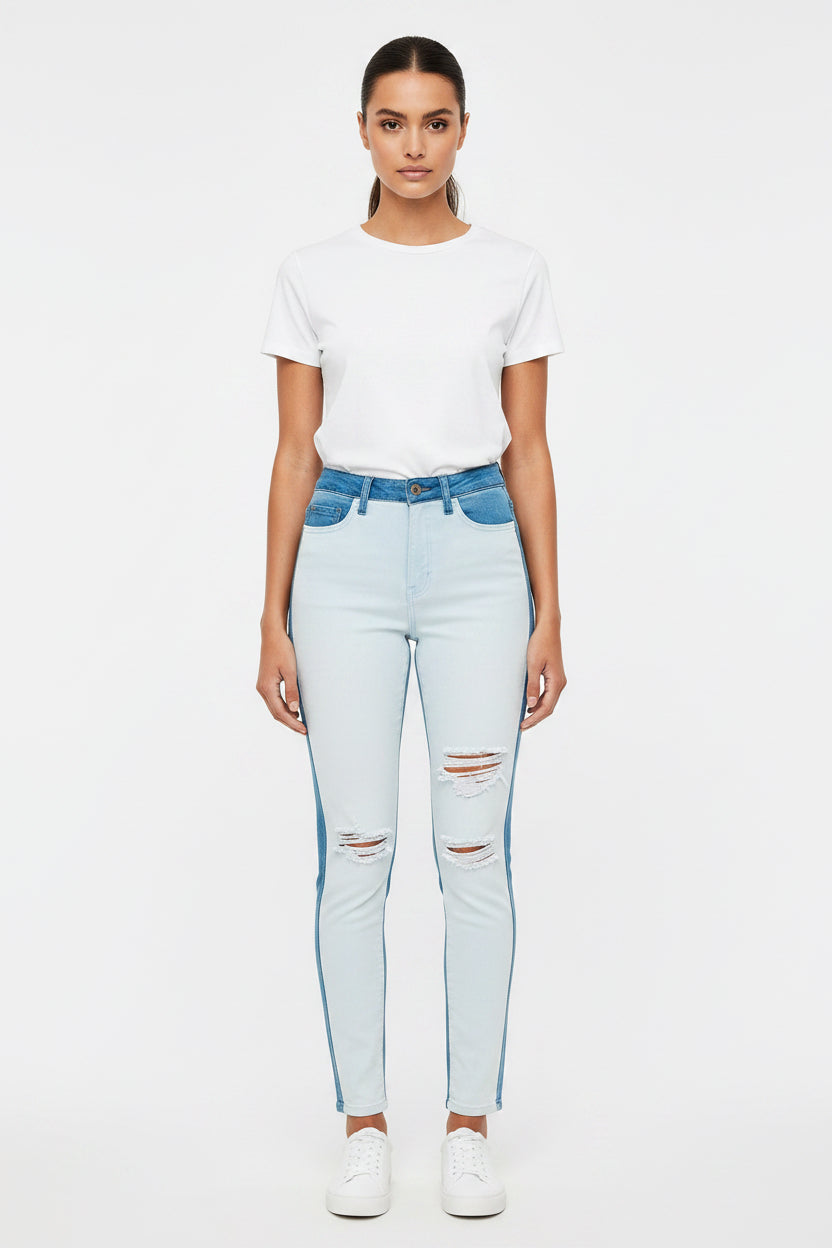 Aphrodite Two Tone Denim Jeans — Light Blue W/ White Front | Size 3 (26)