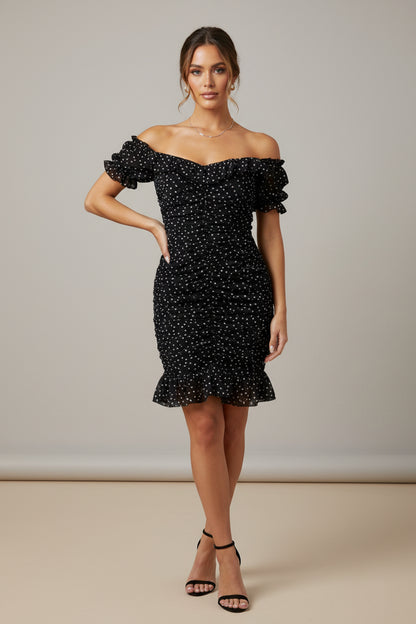Women's Black Polka Dot Mesh Bodycon Mini Dress – Ruched Frill Hem