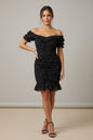 Women's Black Polka Dot Mesh Bodycon Mini Dress – Ruched Frill Hem