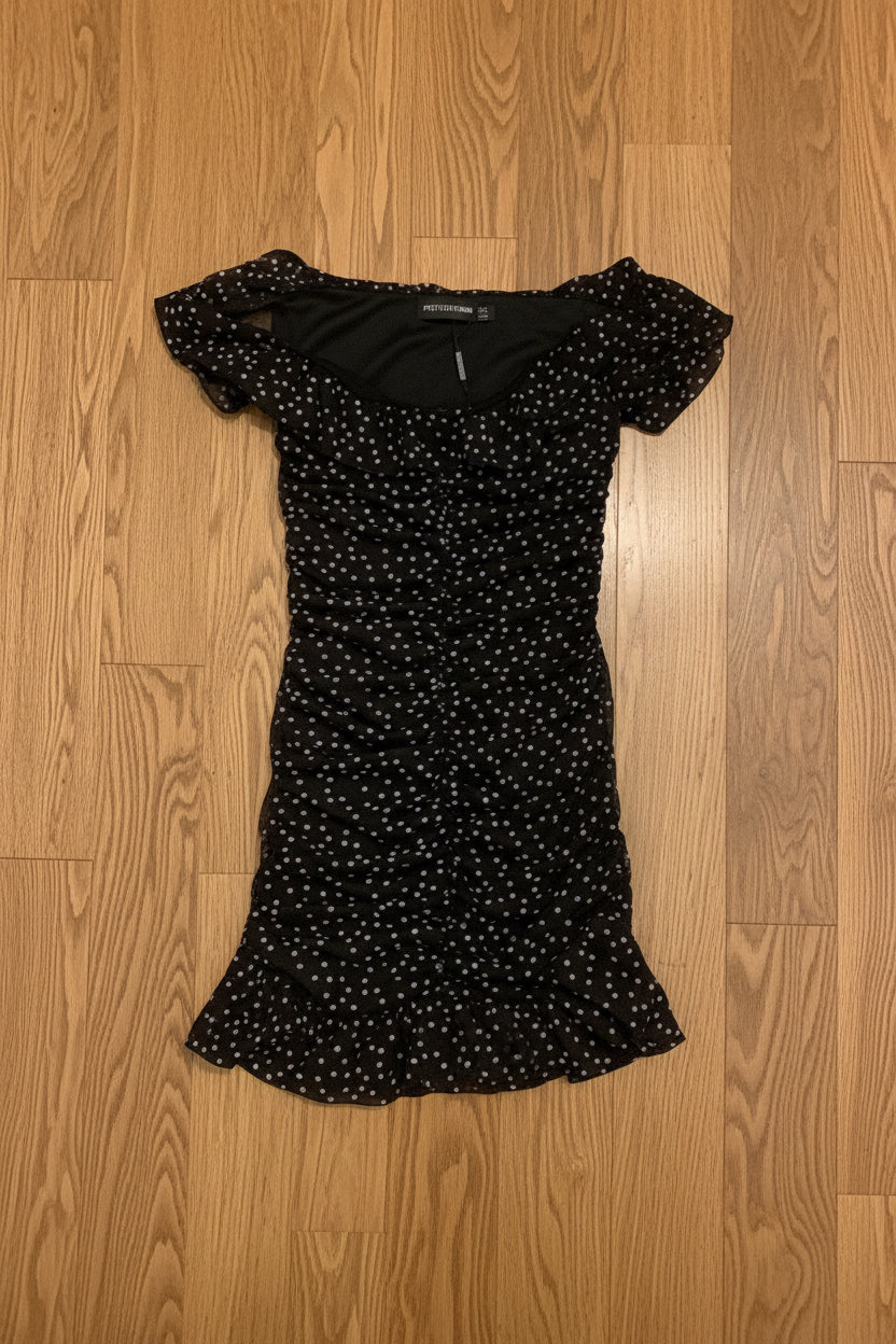 Women's Black Polka Dot Mesh Bodycon Mini Dress – Ruched Frill Hem