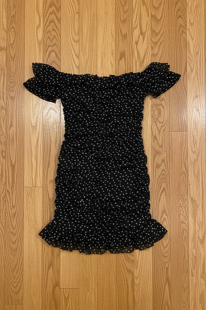 Women's Black Polka Dot Mesh Bodycon Mini Dress – Ruched Frill Hem
