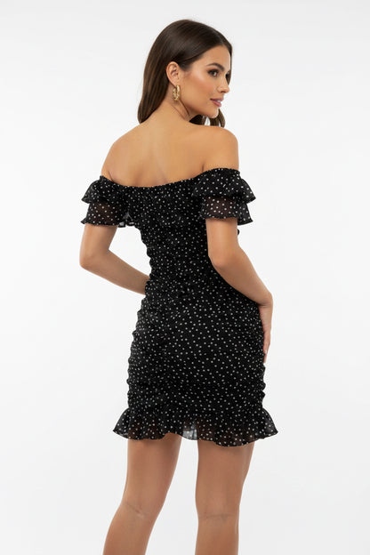 Women's Black Polka Dot Mesh Bodycon Mini Dress – Ruched Frill Hem
