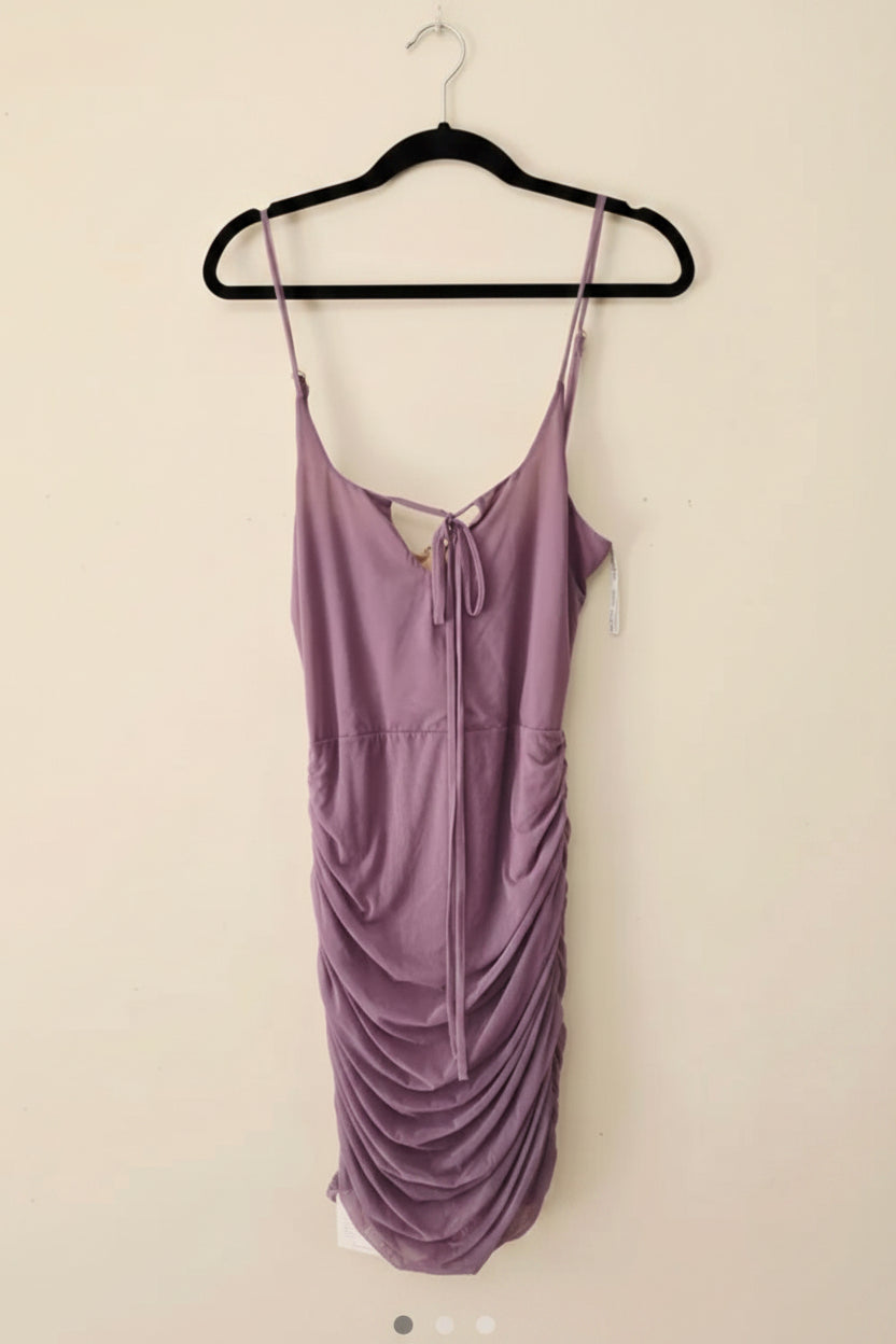 Miss Circle Flora Mesh Mini Dress — Purple | Sleeveless Ruched Design (NWT)