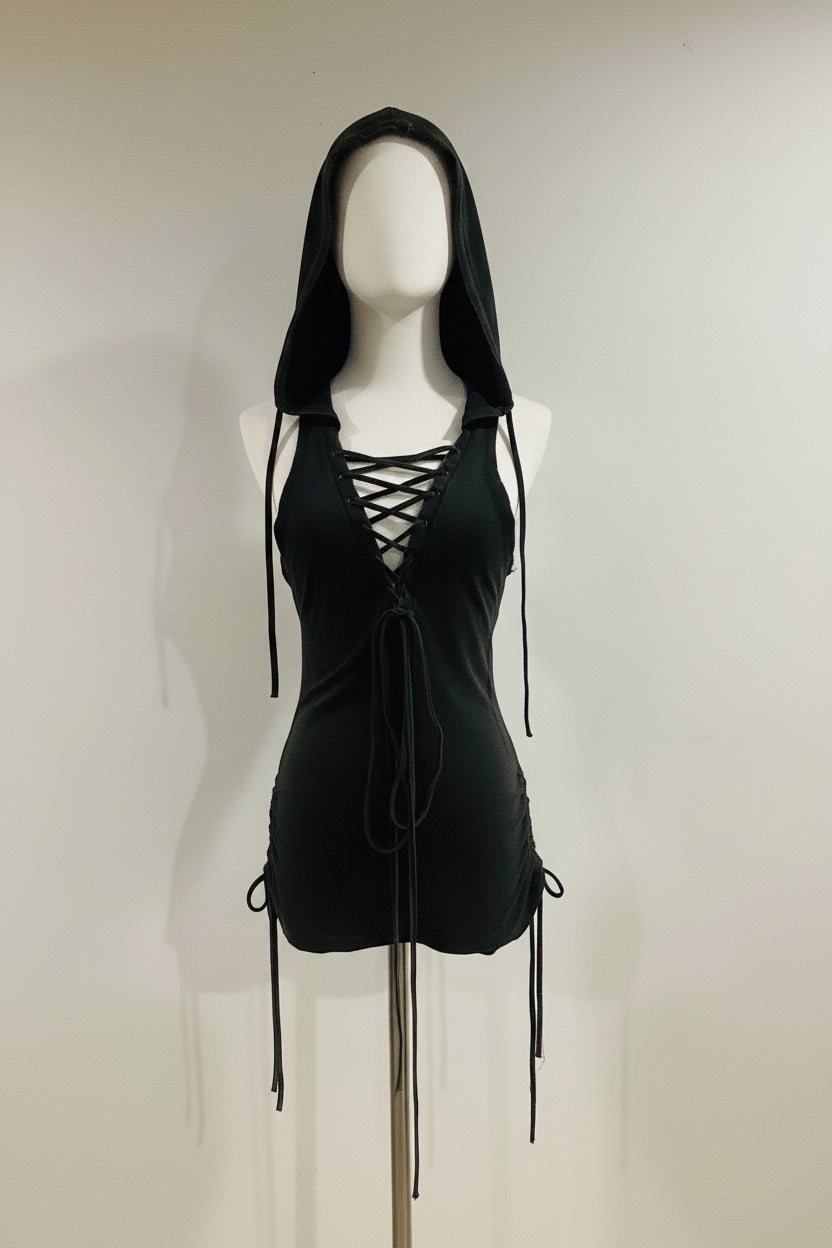 Darker Wavs Lace-Up Hooded Romper by Dolls Kill — Pre-Owned