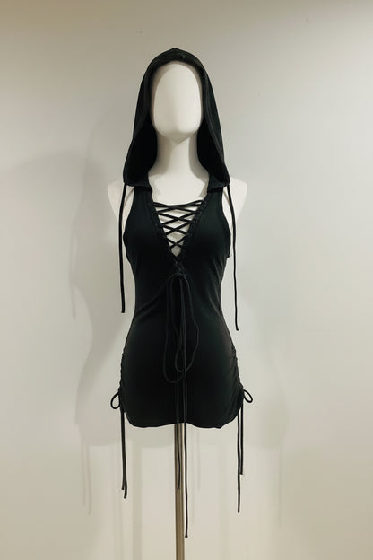 Darker Wavs Lace-Up Hooded Romper by Dolls Kill — Pre-Owned