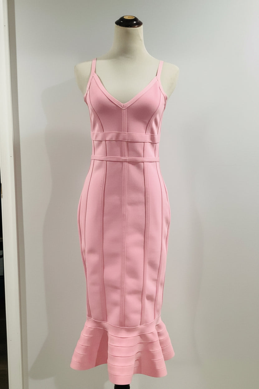 Pink Ribbed Mermaid Midi Dress | Spaghetti Strap Bodycon Evening Gown – Pre-Owned