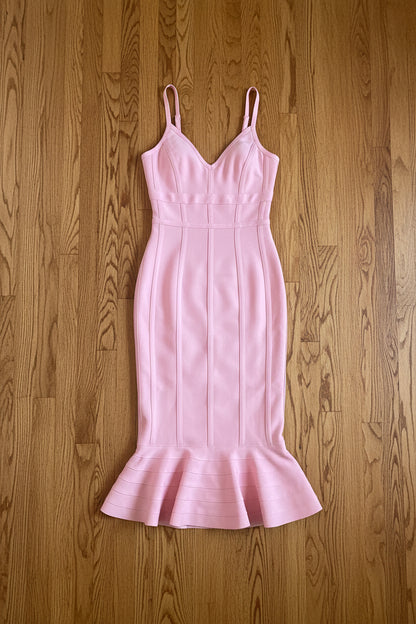 Pink Ribbed Mermaid Midi Dress | Spaghetti Strap Bodycon Evening Gown – Pre-Owned