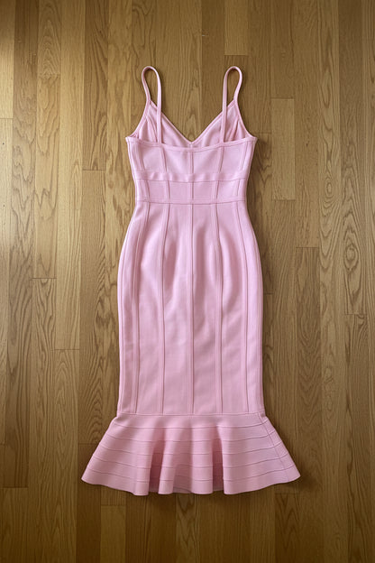 Pink Ribbed Mermaid Midi Dress | Spaghetti Strap Bodycon Evening Gown – Pre-Owned