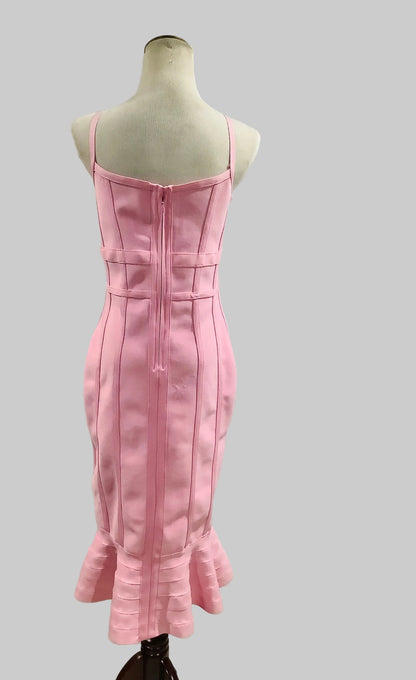Pink Ribbed Mermaid Midi Dress | Spaghetti Strap Bodycon Evening Gown – Pre-Owned