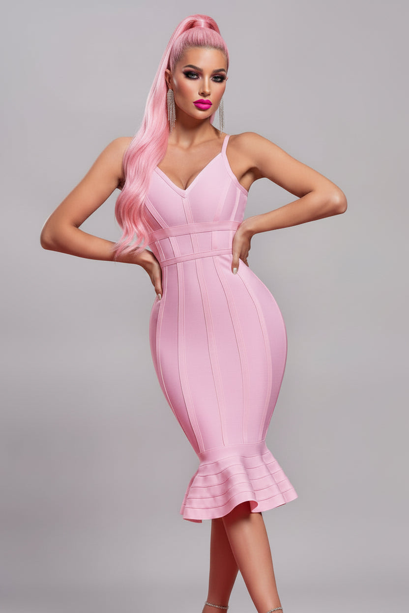 Pink Ribbed Mermaid Midi Dress | Spaghetti Strap Bodycon Evening Gown – Pre-Owned