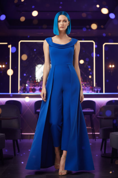Kay Unger New York Stretch Crepe Jumpsuit with Skirt Overlay — Blue