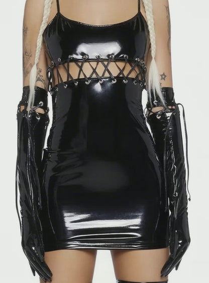 Club Exx Black Vinyl Bodycon Dress & Glove Set – Women's Mini Dress