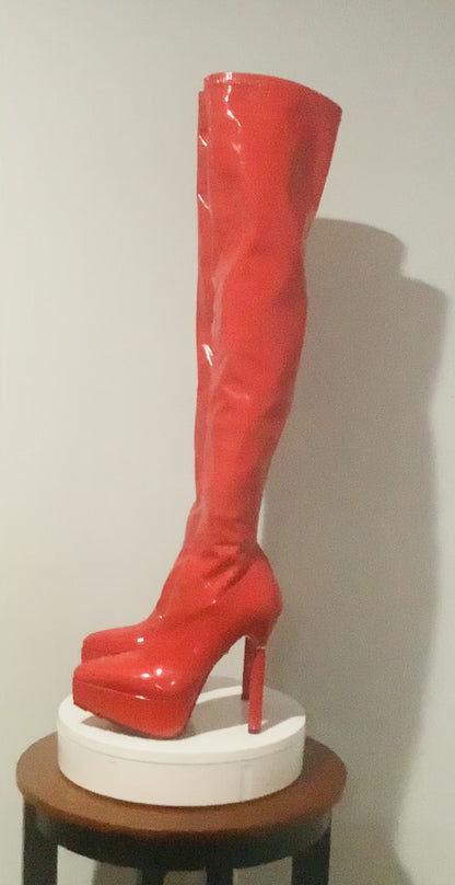 Dolls Kill: Thigh High Red Platform High Over The Knee Boots-Pre-Owned