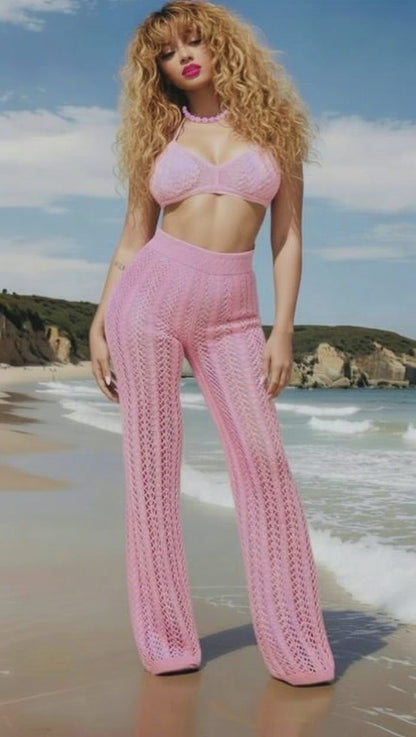 Pink Crochet Halter Pants Set
