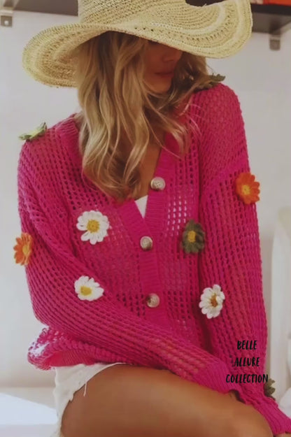 BiBi Flower Patches Open Knit Sweater Cardigan