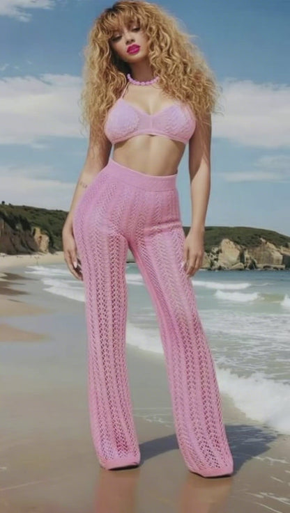 Pink Crochet Halter Pants Set